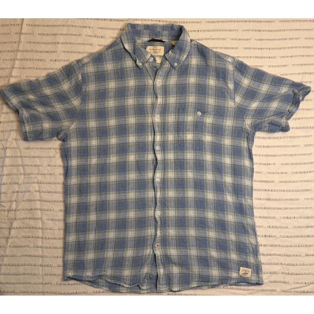 Weatherproof Vintage Air-Tex Mens Large Blue Plaid Short Sleeve Button Down